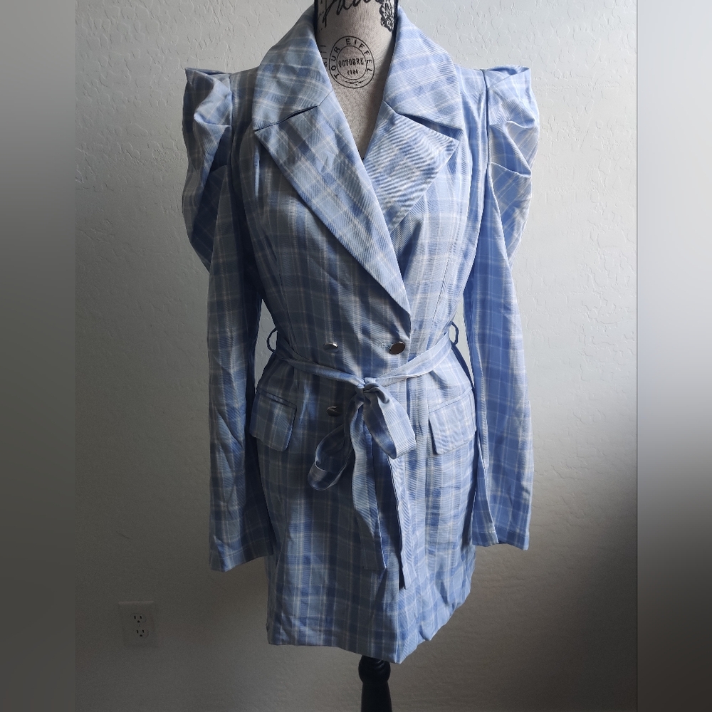 🆕 Hot & Delicious Blue & White Plaid Cottagecore Farmhouse puff sleeve jacket_L